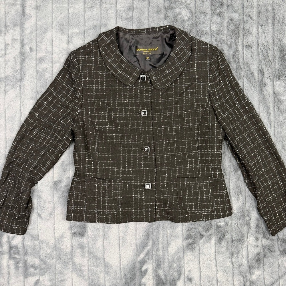 Donna Ricco New York Petite Blazer Black White Grid Plaid Jacket Size 12P USA